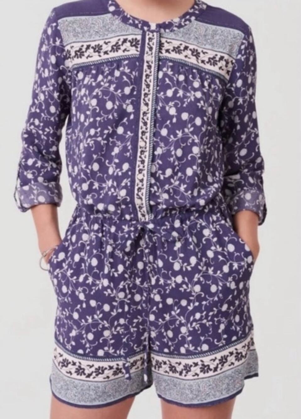 LOFT Blue White Floral Waist tie Romper with pockets XS
